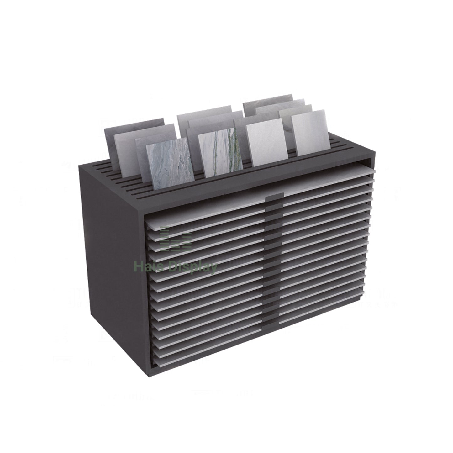 Black multi-tier tile display stand with slotted top and horizontal shelves for showrooms