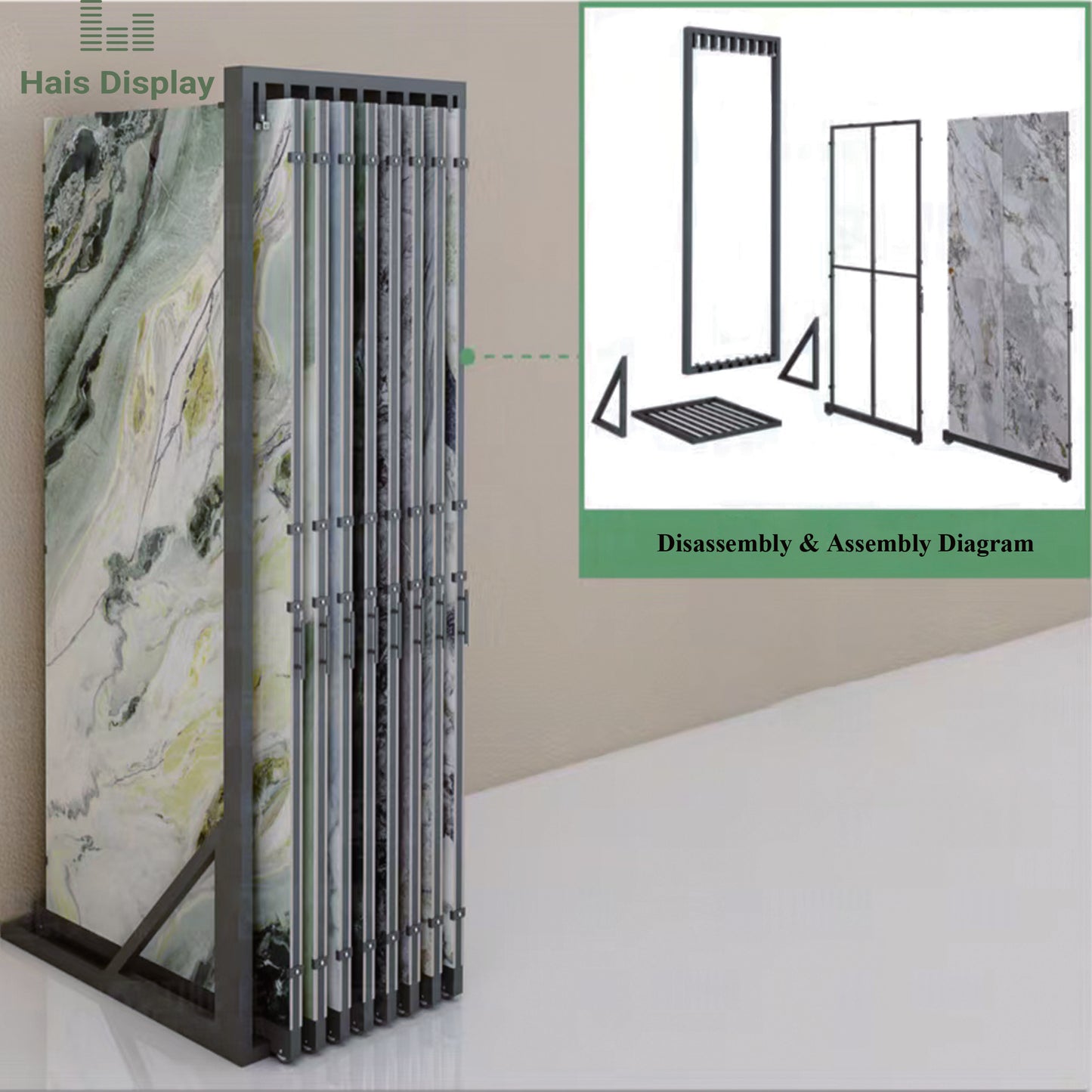 Sliding tile display rack with knock-down disassembly design for large stone slabs in showroom