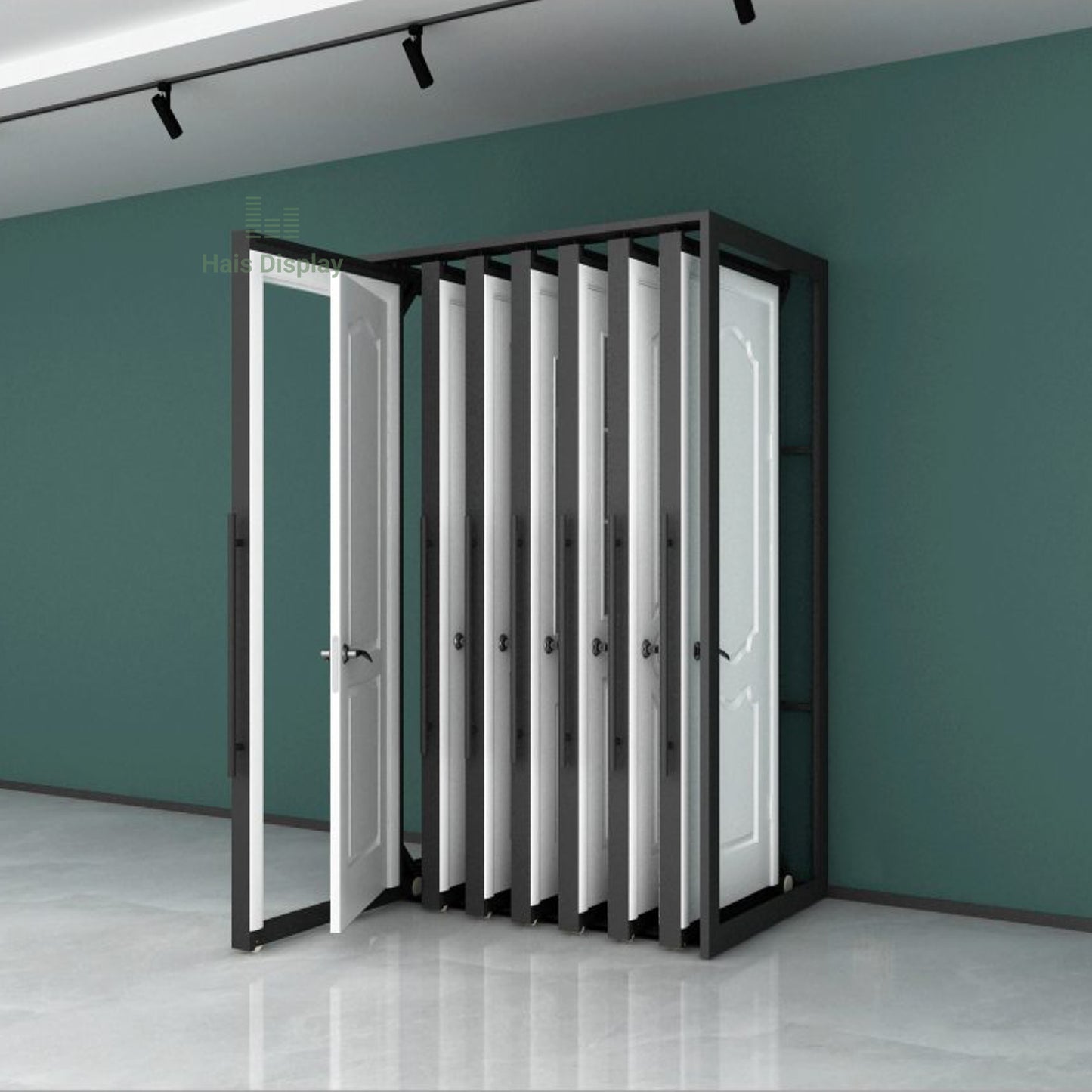 Sliding Door Sample Display Stand for Showroom - 7 Panels Steel Rack