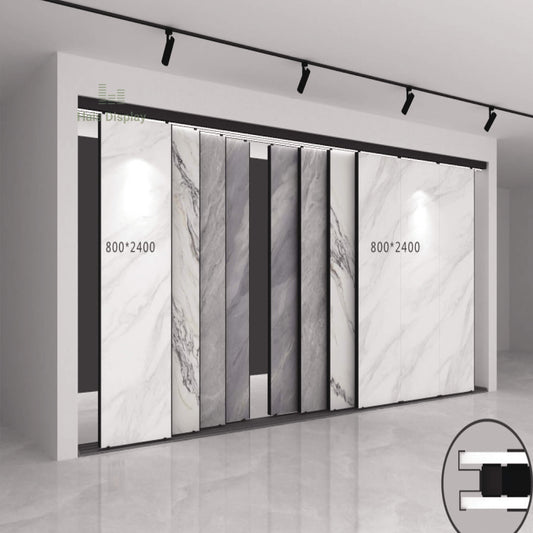 Présentoir à carreaux coulissant pour salle d'exposition