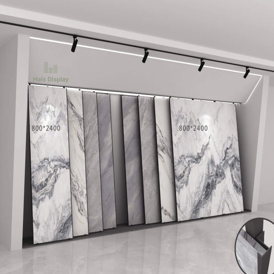 Présentoir à carreaux coulissant pour salle d'exposition