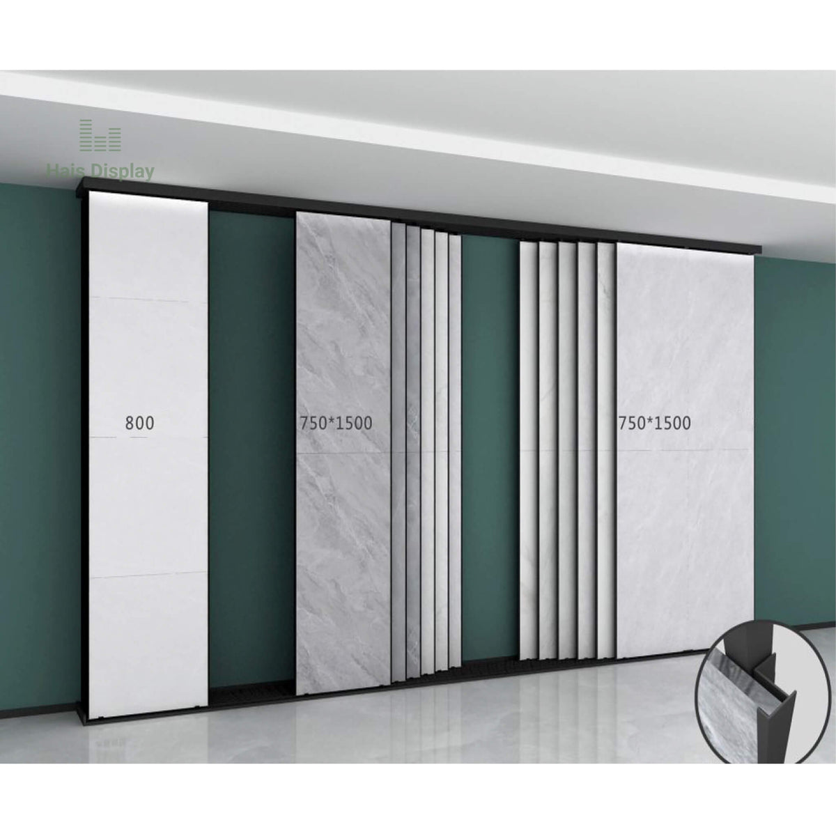 Modern Sliding Tile Display Wall | Large Format Porcelain Slab Rack ...